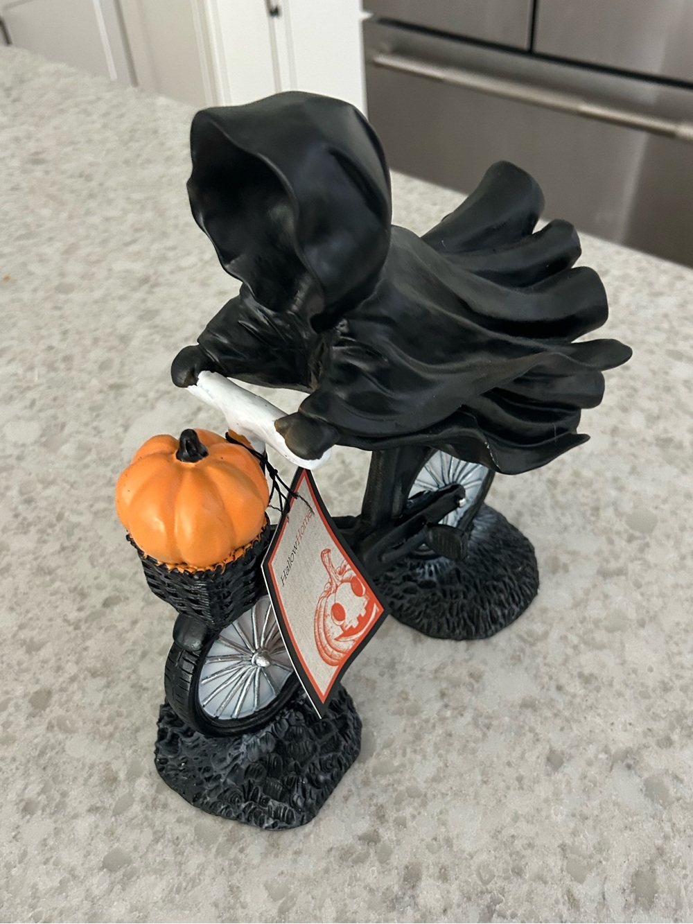 Halloween Grim Reaper on Bicycle Figurine - Black & Orange